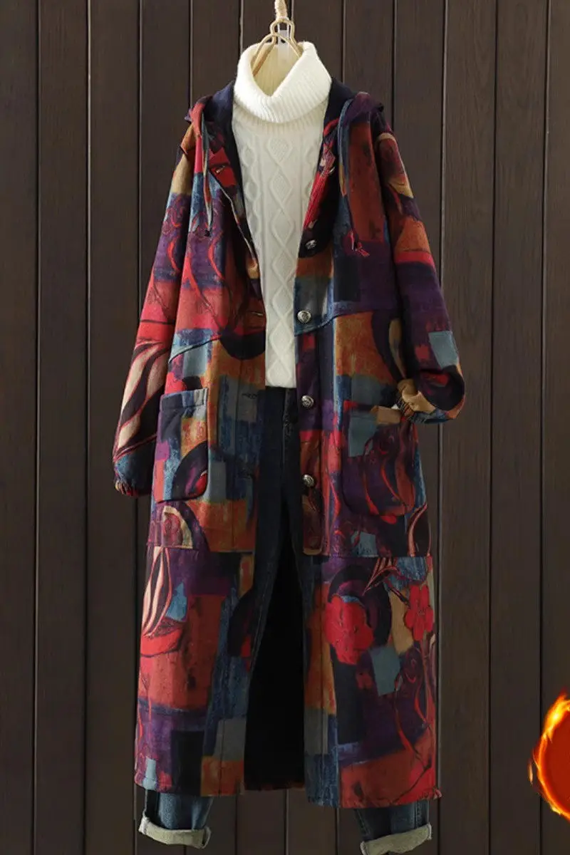 Mom\'s Cotton Jacket Plush Thickened Autumn And Winter 2023 New Long Loose Printed Hooded Coat Retro Fleece Windbreaker z3853