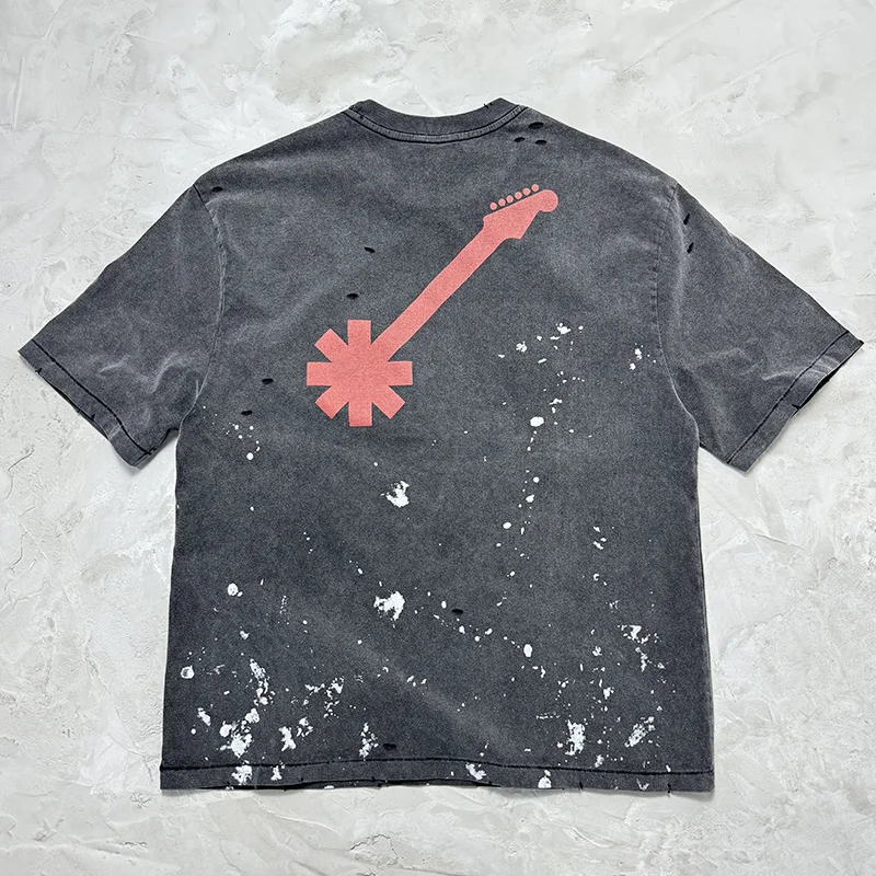 الهيب هوب الرسومات طباعة خمر غسلها الأسود التالفة حفرة سانت تي شيرت الرجال النساء 100% القطن رش الحبر تي شيرت المتضخم المحملة #3