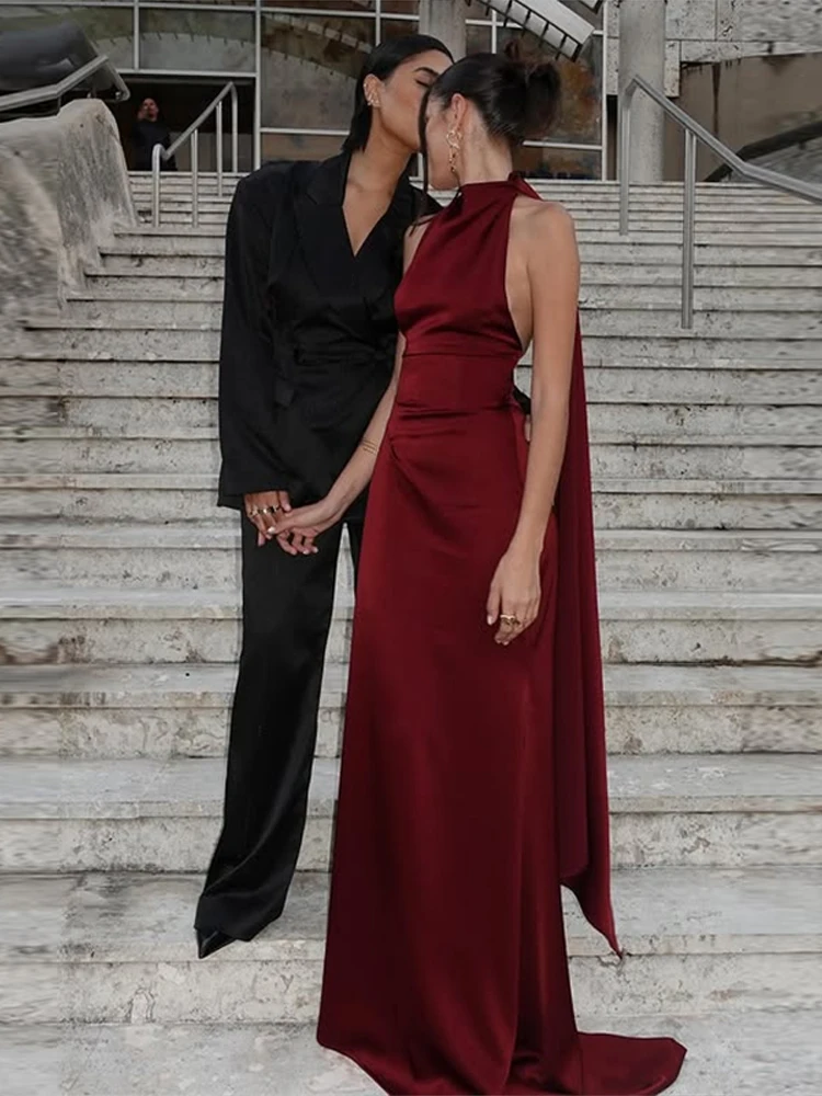 Sexy Burgundy Women's Dress Slim Satin Halter Ribbon Backless Tie Up Sleeveless Maxi Dresses Autumn Evening Party Lady Vestidos