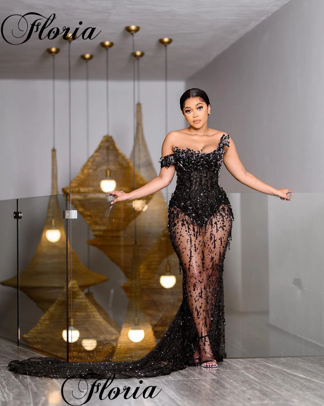 Heavy Handmade Black Celebrity Dresses Mermaid Illusion Evening Dresses For Black Women Vestidos De Noche Pageant Gowns Custom