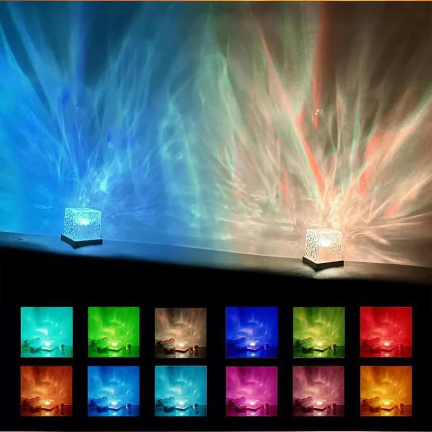Ocean Wave Aurora Projector Light Remote 16 Colors RGB Dimmable Water Ripple Flame Crystal Lamp for Living Room Study Bedroom
