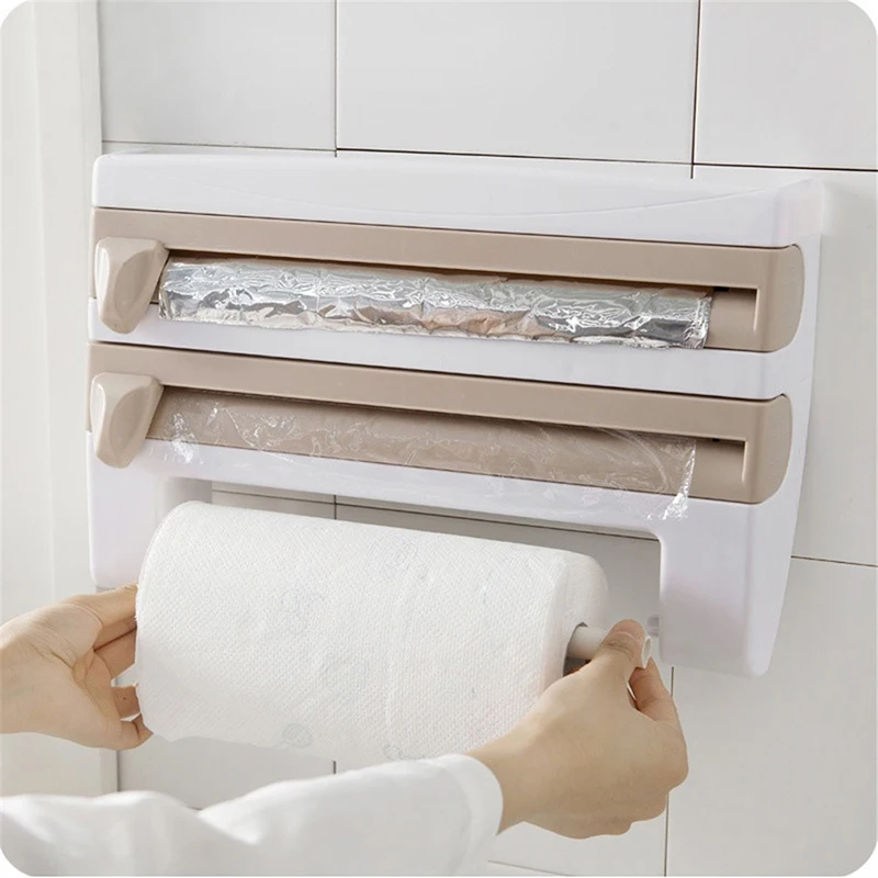 

Kitchen Multi-function Plastic Belt Cutter Wrap Storage Shelf Wrap Film Cutter Triple Roll Paper Dispenser Tin Film Towel Holde