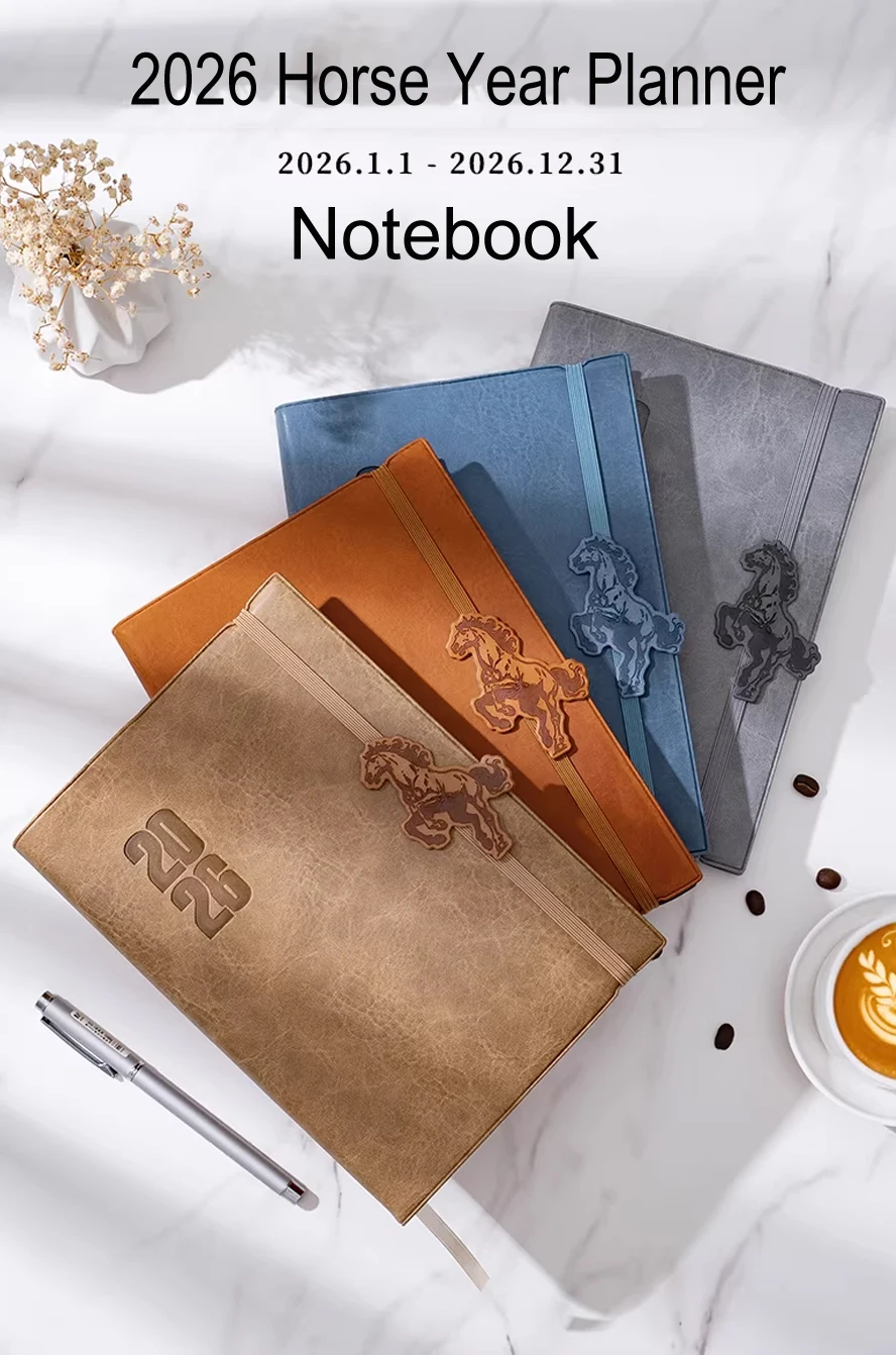 

Ежедневник на 2026 год — кожаный ретро-планер с ремешком в виде лошади, 336 страниц толстой бумаги, ежемесячный/ежедневный формат для учебы, заметок и творчества