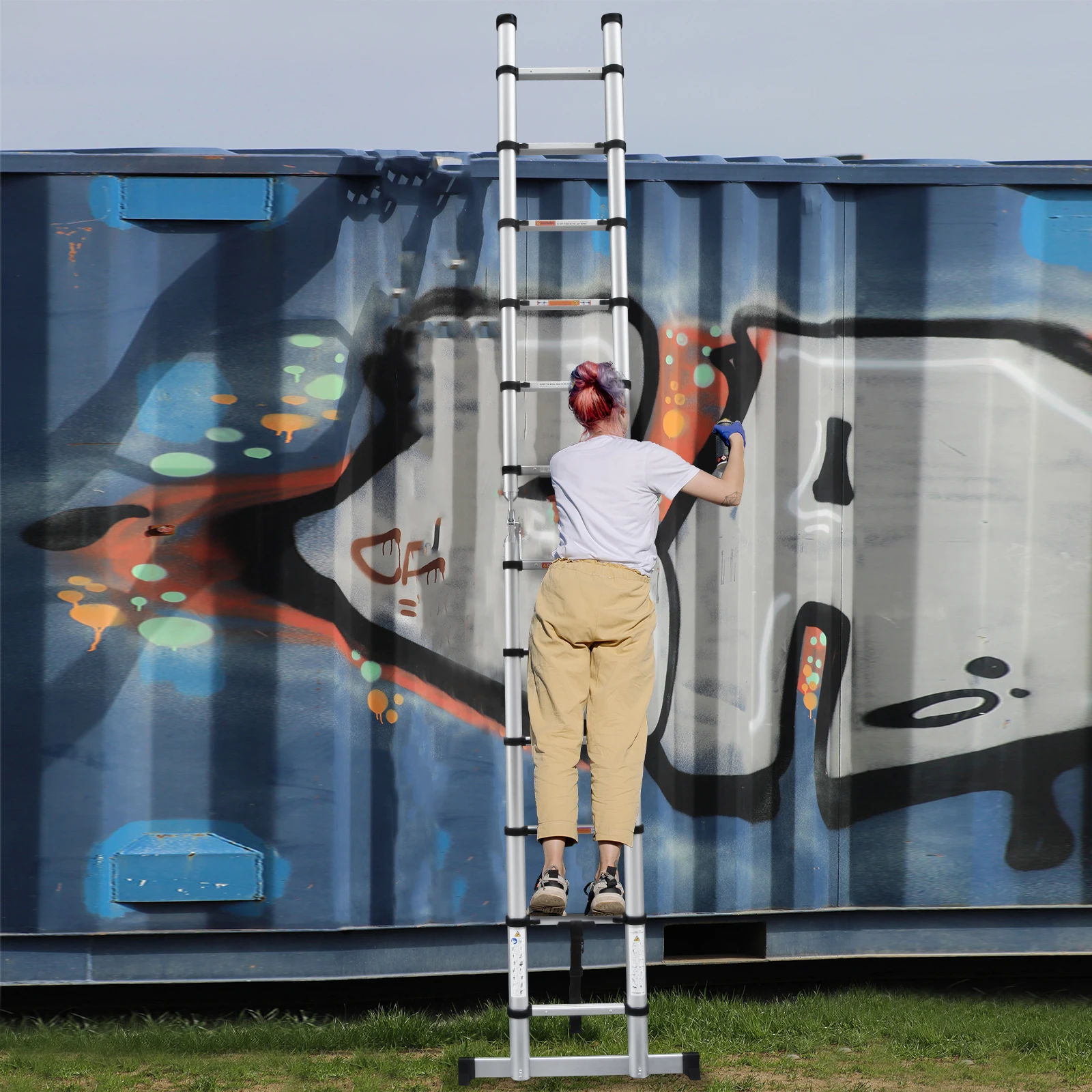 Aluminum 3.8m/12.5ft Folding Telescopic Ladder Extendable 16 Steps, Can Be Straight Or A-Frame Ladder, 150KG Capacity