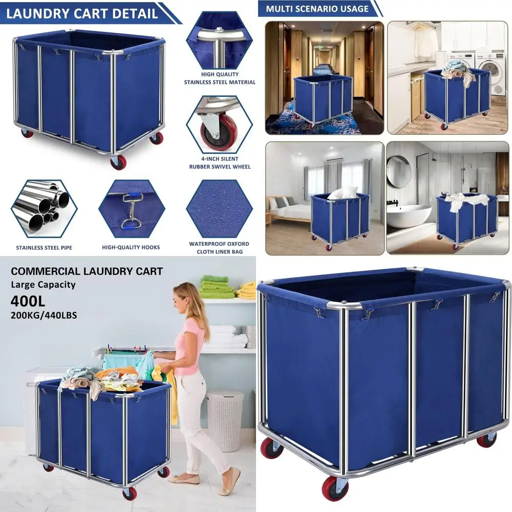 

Large 11.35 Bushel Industrial Laundry Cart with Wheels, Stainless Steel Frame, Waterproof Oxford Cloth, 440 lbs Capacity