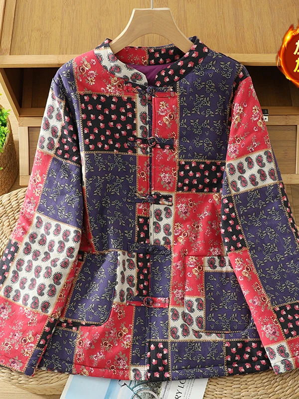 

Новая китайская хлопковая куртка с цветочным принтом, женская зимняя хлопковая верхняя одежда большого размера с принтом на пуговицах, художественная свободная посадка