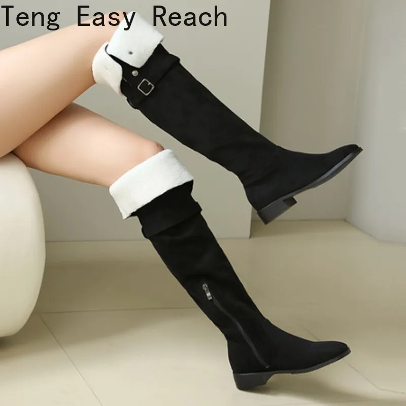 2025 Autumn New Suede Over-the-Knee Boots Women's Side Zipper Middle Heel Fashion Long Boots Black Size 34-46 Botas Mujer