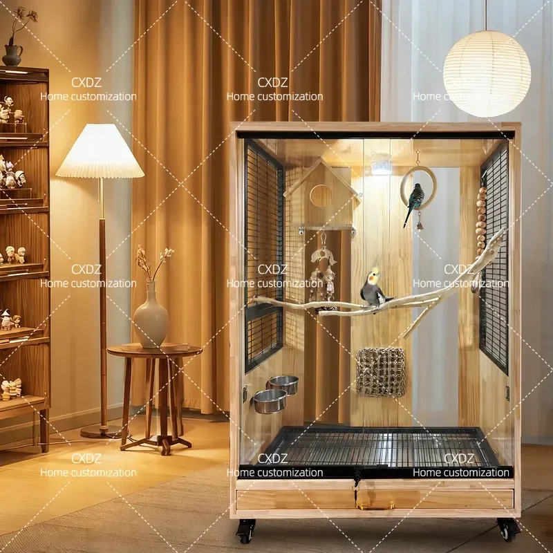 Luxury Solid Wood Parrot Bird Cage Splash Proof Villa for Macaw Monk Parakeet Small Golden Sun Conure Large Pet House