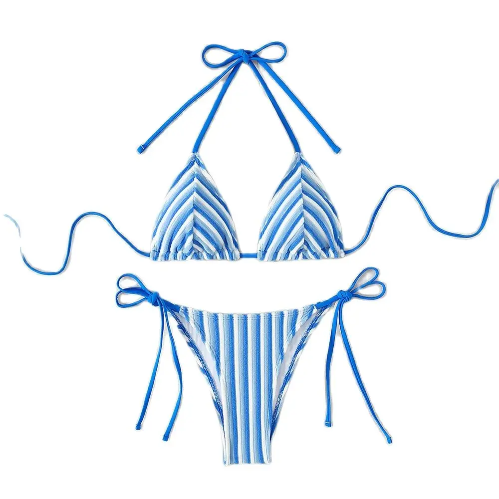 

9 Colors New Towel Cloth Halter Neck Tie Up Striped Bikini Swimsuit For Women Summer Beach Vacation Low Waisted Swimwear 2026