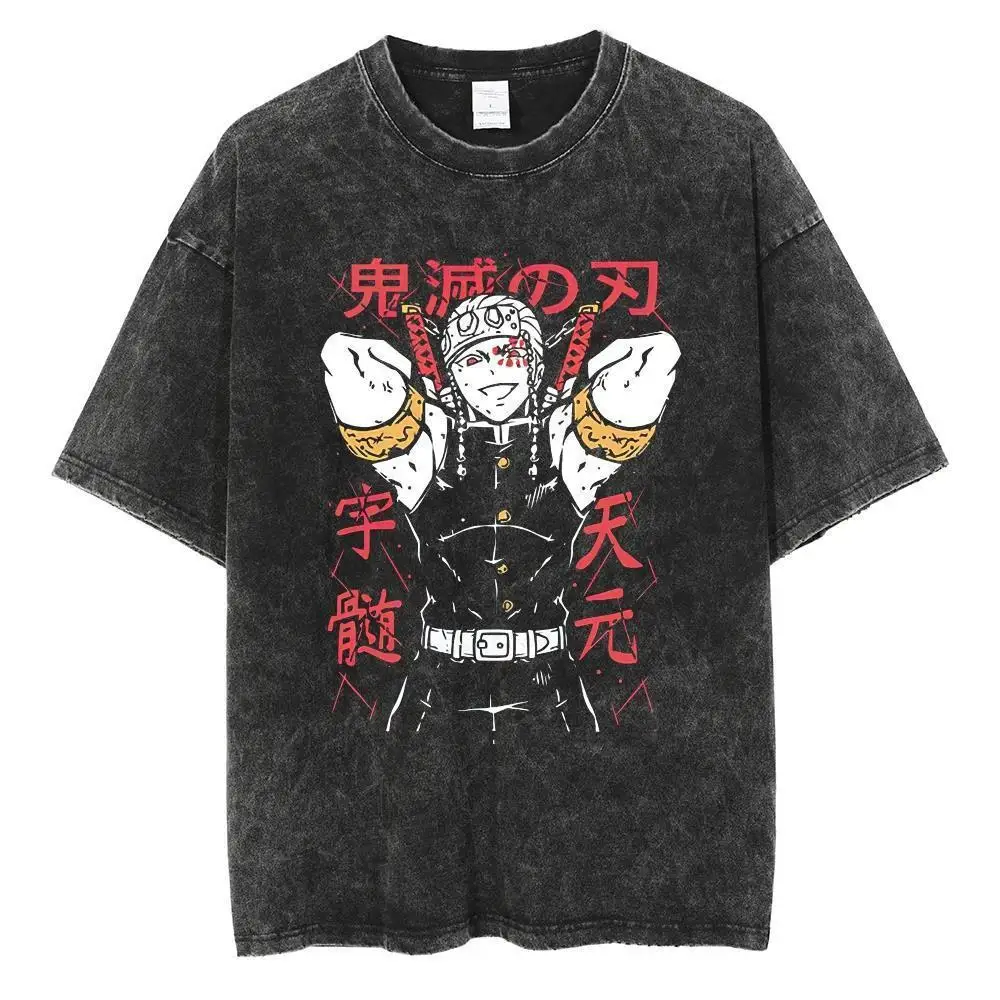 Heavy Retro Vintage Washed T-shirt Print for Summer Men's and Women's Short Sleeved Anime, Loose and Ghost Killing Blade Print