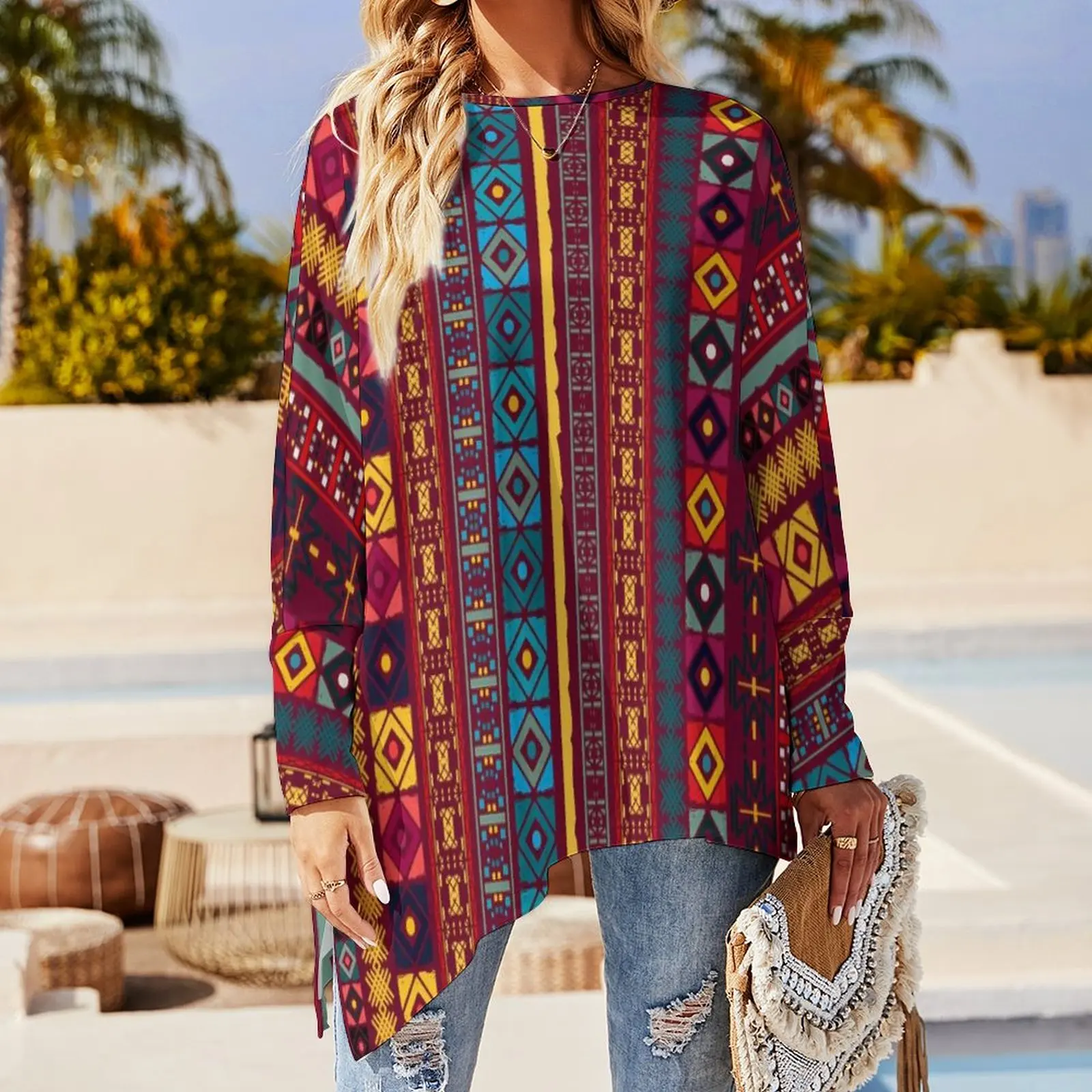 Tribal Print T-Shirts Vintage Ethnic Boho Pretty T-Shirt Ladies Long-Sleeve O Neck Fashion Tshirt Big Size Design Top Tees