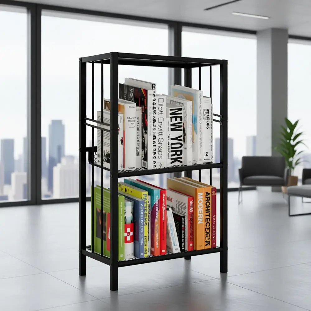 

Multi-Functional 3-Tier Black Bookshelf, Rust-Resistant, Easy Assembly, for Living Room, Bedroom, Kitchen, Freestanding Storage