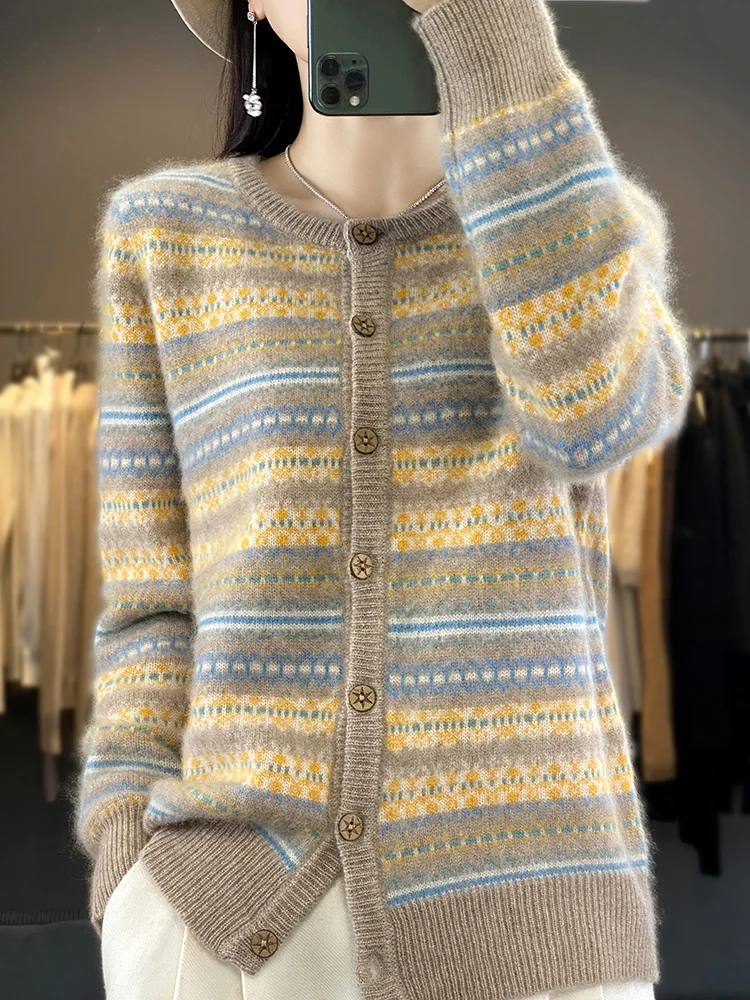 Autumn and winter cardigan round neck color matching striped knit coat soft waxy cashmere sweater