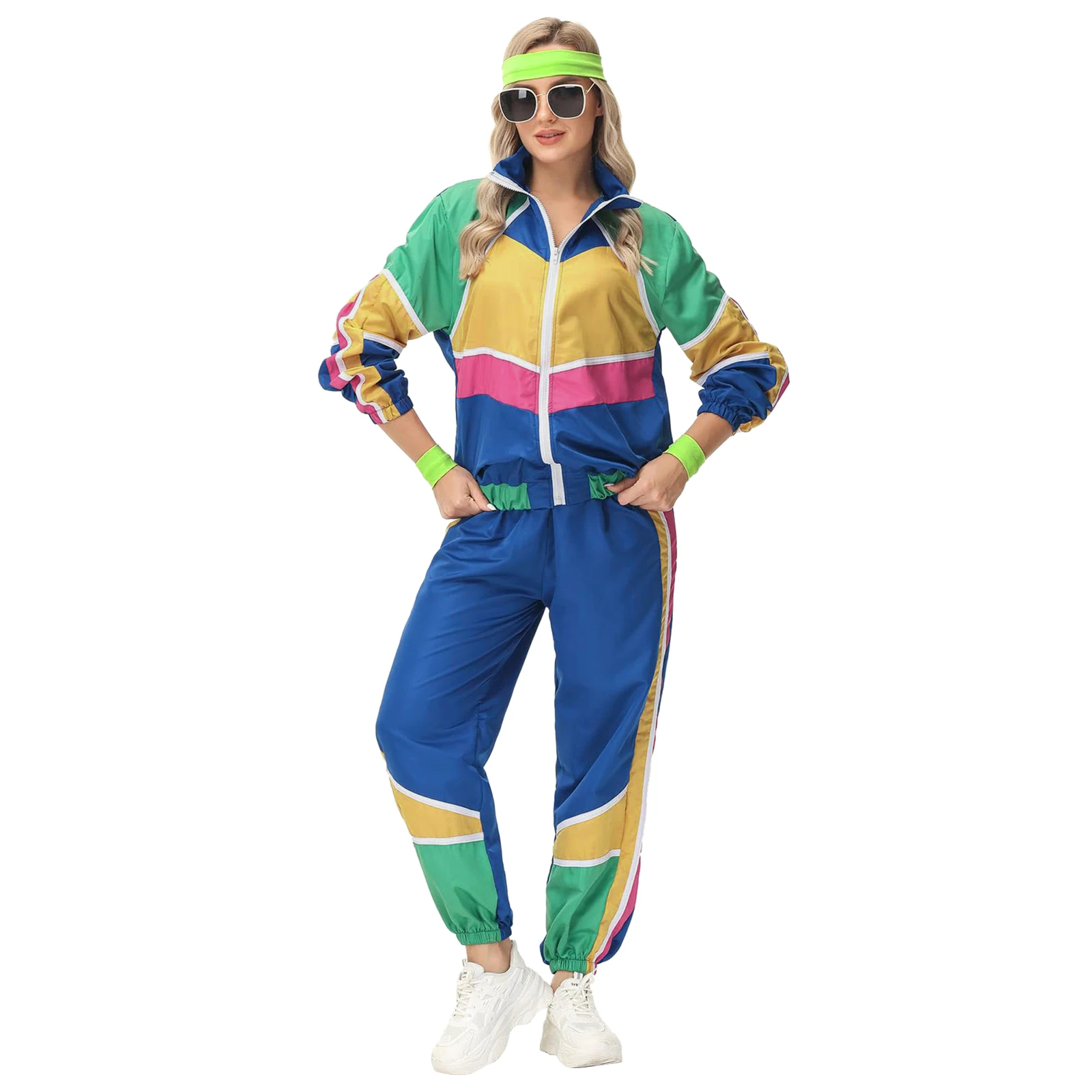 Adult Women And Man 80s Retro Style Hip Hop Windbreaker Disco Tracksuit Two Piece Set Colorblock Long Sleeve Tops And Pants Suit