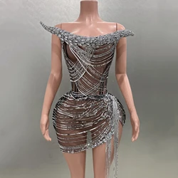 Shinning Tassels Chain Sexy Strapless Tops Sheath Skirt Two-Pieces Evening Party Celebrate Nightclub Performance Costume Suit