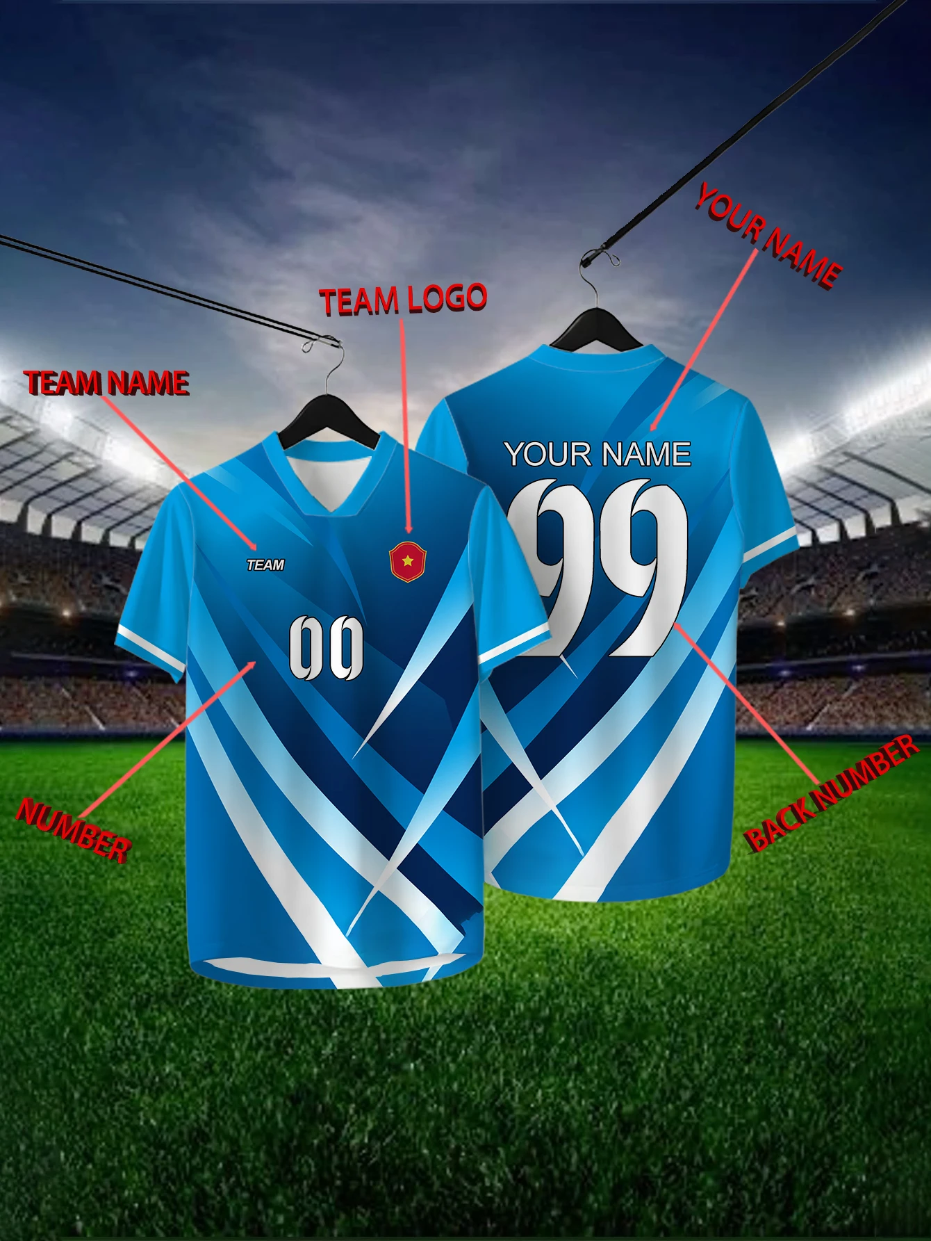 

Customized Geometric Blue Short Sleeved Shirt with Team Name, Emblem, Name and Number, Outdoor Sports Short Sleeved T-shirt