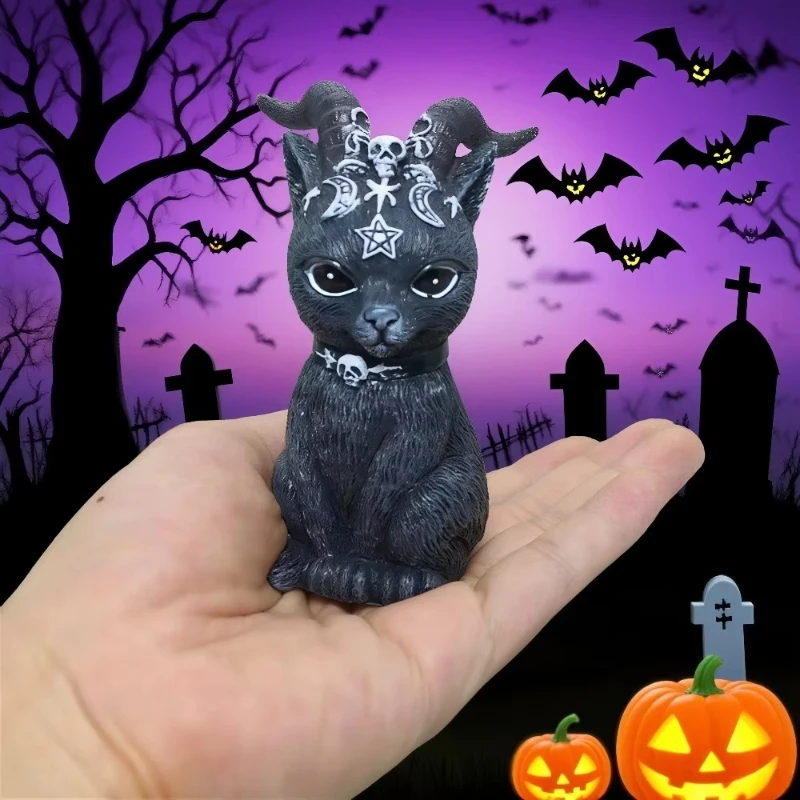 Schwarze Katzenstatue, geheimnisvolle süße Katze, Hexe, Katzenfigur, Hexen-Dekoration, Schreibtisch-Ornament, handbemalte Skulptur für Halloween, 1 Stück