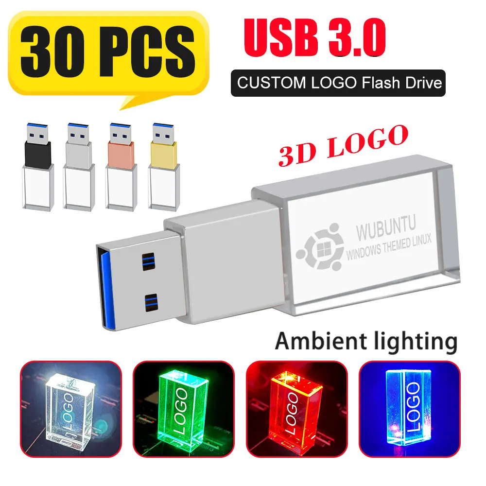 30pcs USB 3.0 Flash drive With LED Crystal Pendrive 4GB 8GB 16GB 32GB 64GB 128GB Transparent Glass Photography Gifts free logo
