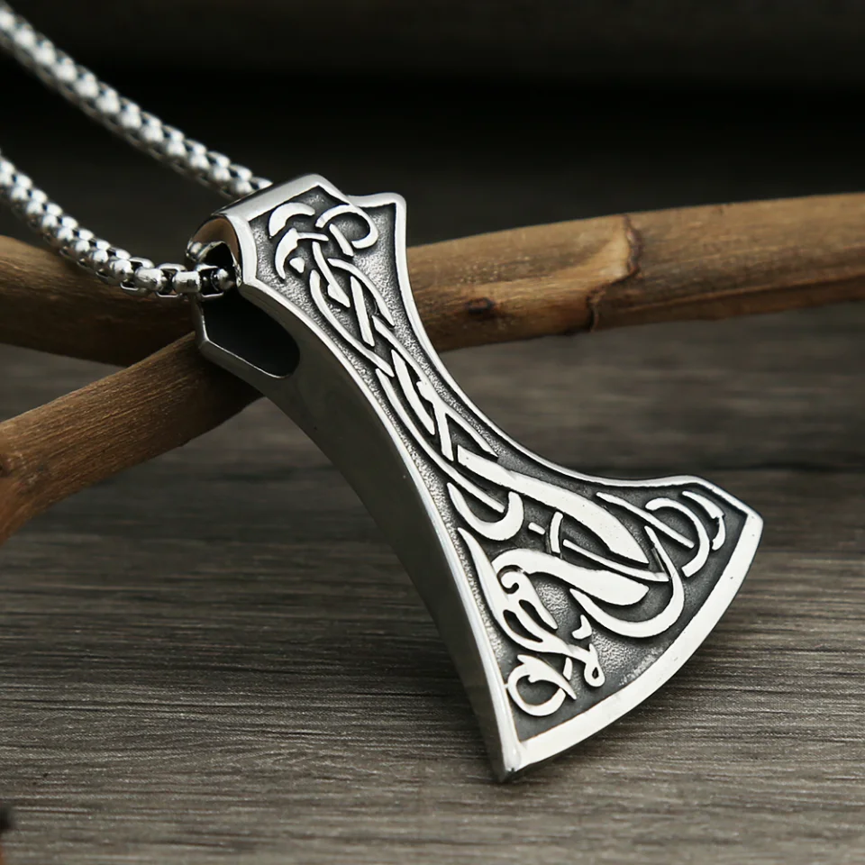 Vintage Stainless Steel Viking Axe Pendant Necklace For Men Nordic Fashion Celtic Knot Necklaces Amulet Jewelry Gift Wholesale