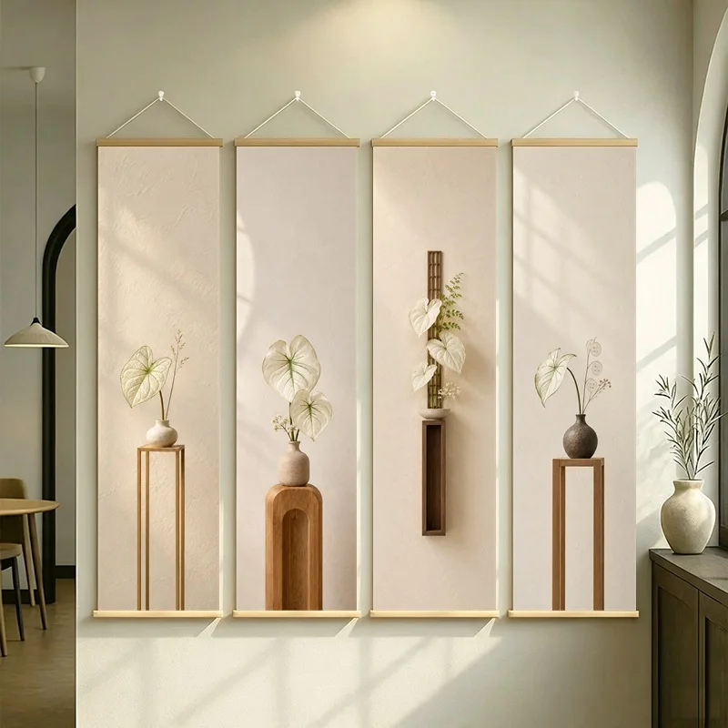 Floral Wall Art 4-Panel Pale Blossom Vase Hanging Scroll Set on Beige Silver Shimmer Canvas for Minimalist Entryway Decor