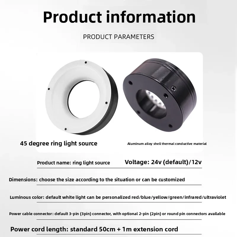 45° Machine Vision Ring Light – CCD Camera Inspection & Microscope Illumination, Shadow-Free Uniform LED Lighting for Automation
