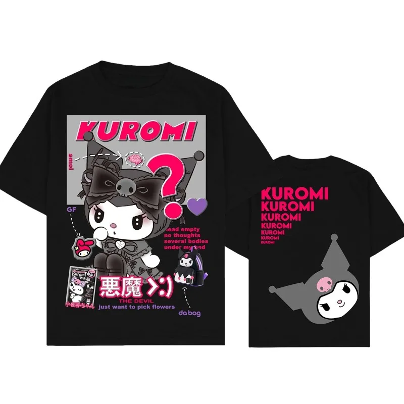 

Summer Women’s T-shirts Japanese Sanrio Merch Kuromi Print Clothing Harajuku Y2K Oversized 100% Cotton Half-sleeve Designer Tee