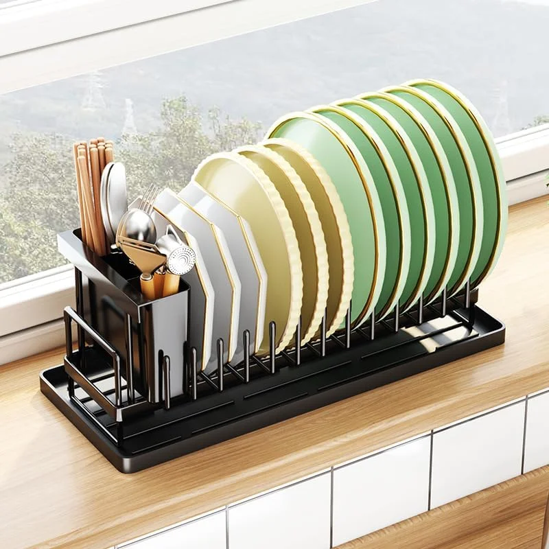 

Convenient Dish Drying Rack Countertop Compact Plate Rack with Drainer for Drying Bottles Pot Lids Cutting Boards Bowls Utensils