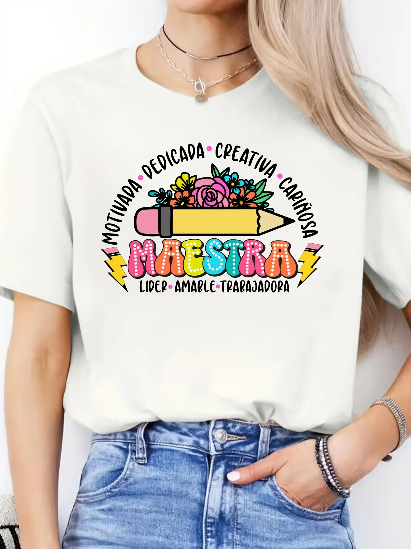 Women'S Round Neck Short Sleeve Sports T-Shirt with Spanish Letter Print for Spring And Summer Casual Wear