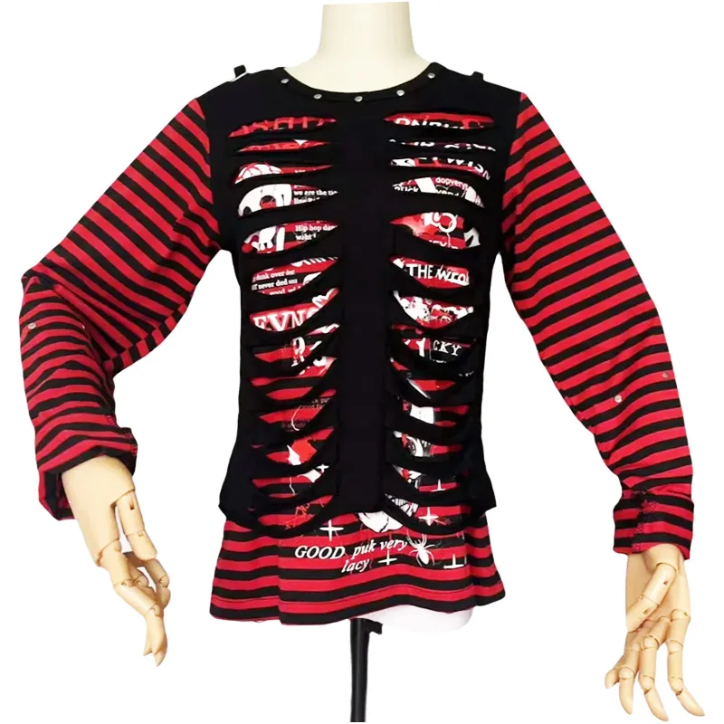 2026 Kill Matt Non mainstream Subculture Punk Retro Striped Skull Pattern Punched Long Sleeve Neutral T-shirt