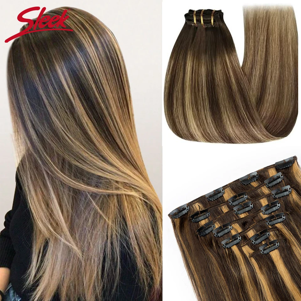 Sleek Clip In Hair Extensions Human Hair Straight Clip In Highlight P4/27 P6/613 P8/613 Color Clip Ins Remy Hair 7Pcs Set