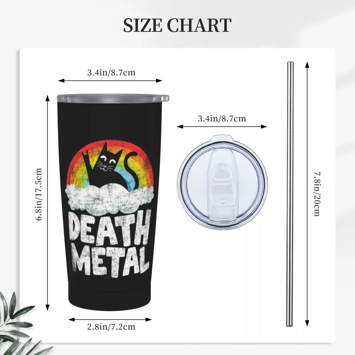 Funny Death Metal Cat Gift Rainbow Heavy Metal Stainless Steel Tumbler Vacuum Insulated Mug Thermal Cold Cup Straw With Lid 20oz
