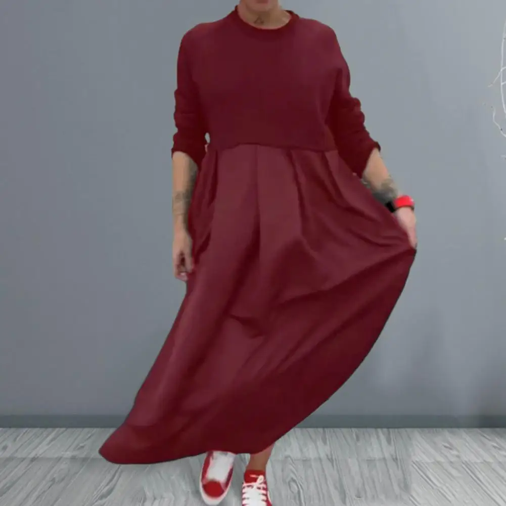 Women Long Dress Round Neck Long Sleeve Pullover Shirt Dress Autumn Winter Dress Elegant Ladies Loose Cotton Linen Dress