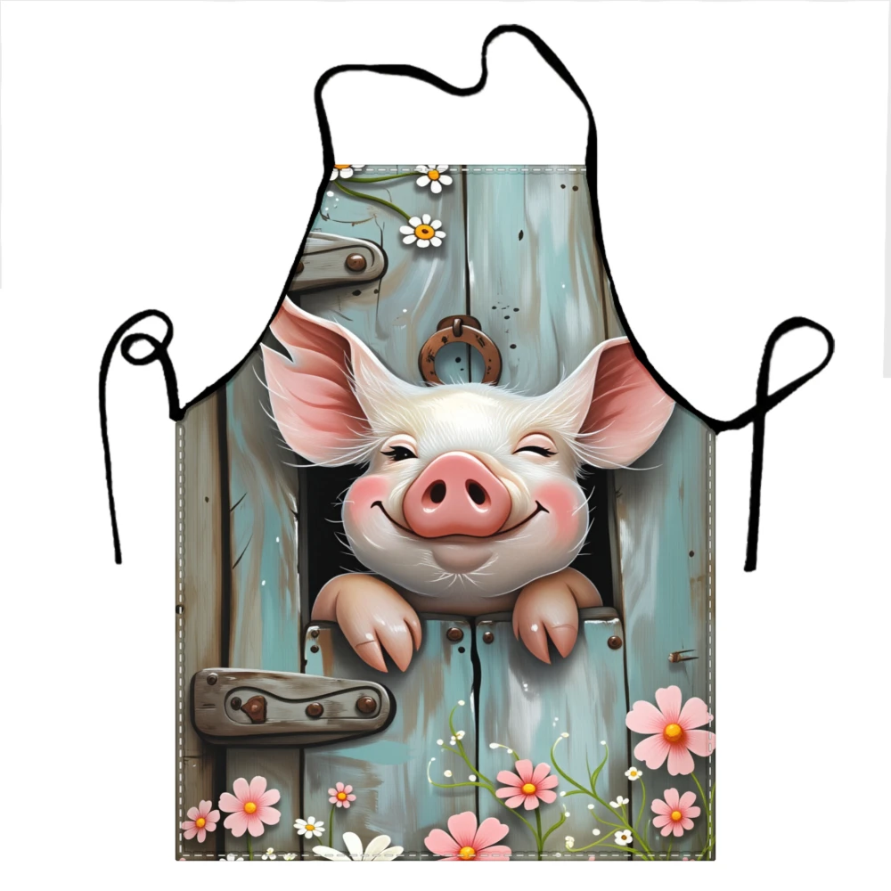 Cute Pig Peeking Through Wooden Door Apron With Flowers And Rustic Design For Cooking And Baking
