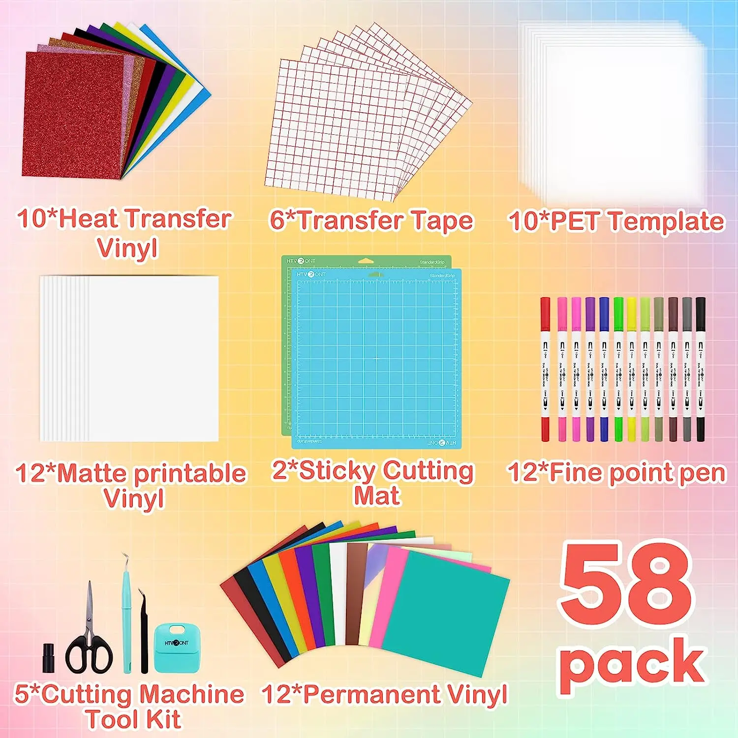 HTVRONT 58pcs Tools and Accessories Bundle Kit for Beginners Makers Include HTV Permanent Vinyl Weeding Tools Bundle