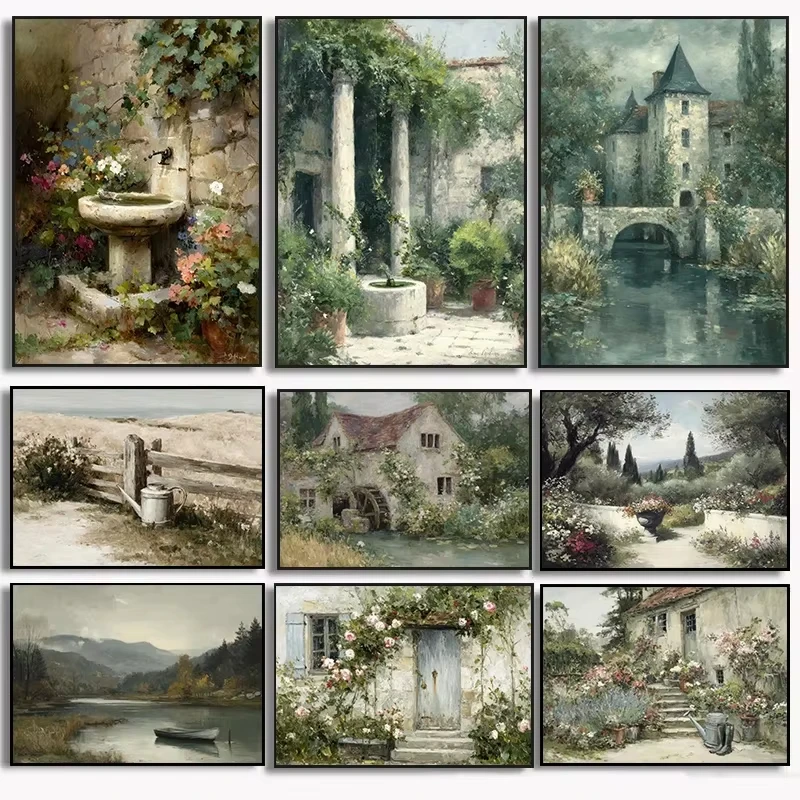 Retro Countryside Garden Poultry Boat Landscape Posters Prints Canvas Painting Wall Art Picture Living Room Home Decor