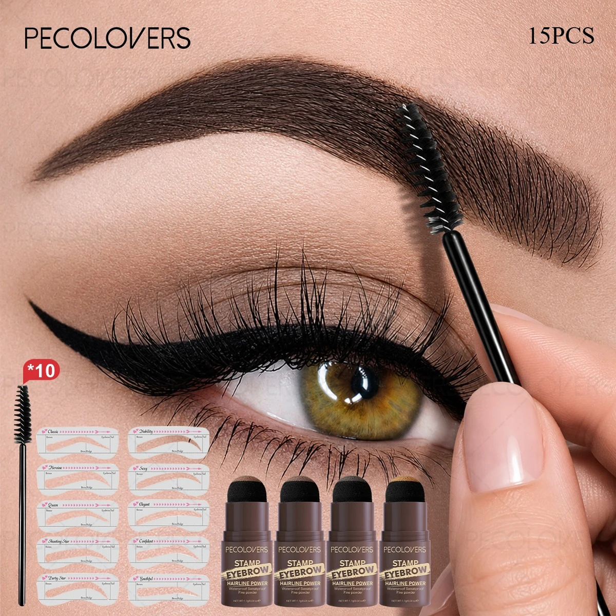 15PCS One-Step Eyebrow Stamp and Stencil Kit – Waterproof Long-Lasting Brow Shaping Powder with Reusable Stencils, Spoolie Brushes & Trimmer – 2-in-1 Eyebrow & Hairline Retouch Kit for Beginners