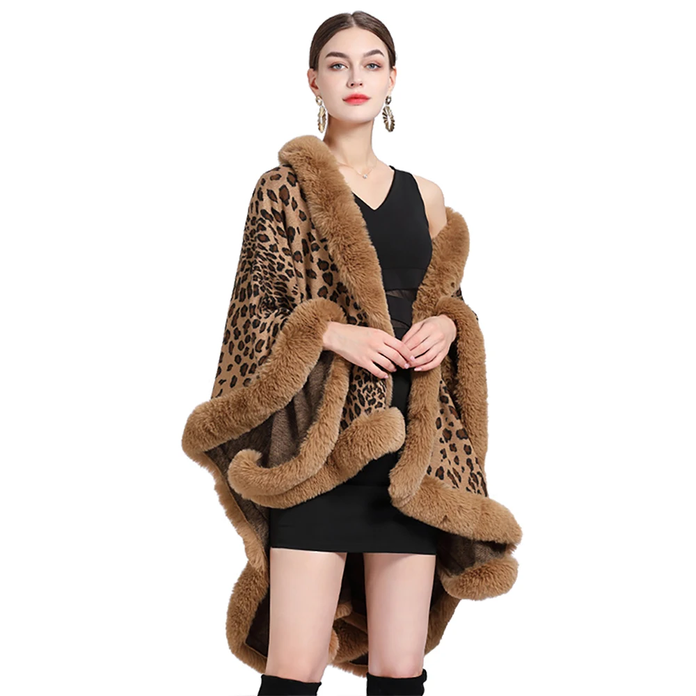 Women\'s Rex Rabbit Faux Fur Shawl Lady Luxury Leopard Overcoat Winter Keep Warm Wrap Sexy Cloak Classic Large Size Cardigan New