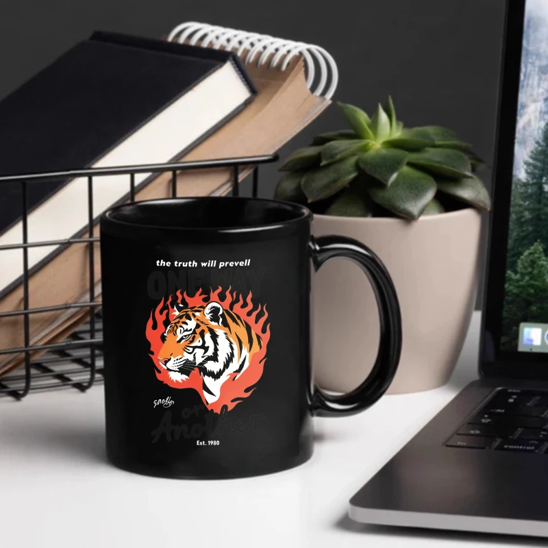 Ceramic mug with black tiger flame design with 