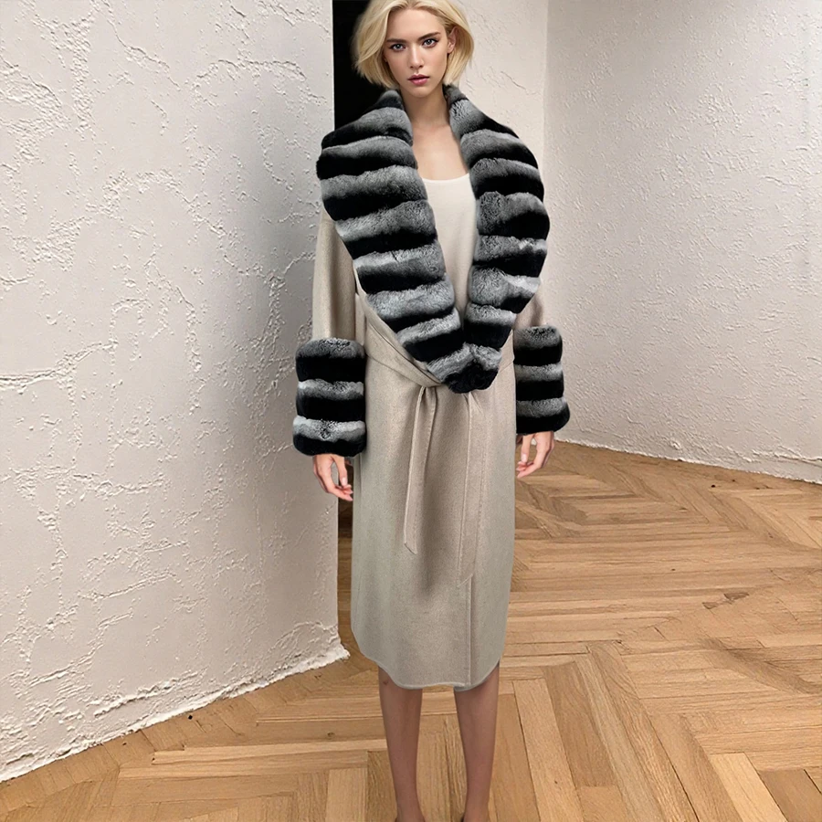 Chinchilla Fur Coat Women's Cashmere Wool Long Coat With Real Rabbit Fur Collar Cuffs High Quality