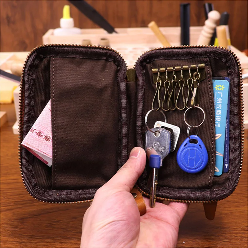 Schlüsseltasche aus echtem Rindsleder, einfarbig, quadratisch, für Karten, Schlüssel, Organizer, Schlüsselanhänger, Retro-Geldbörse, Vintage-Schlüsseletui mit Reißverschluss