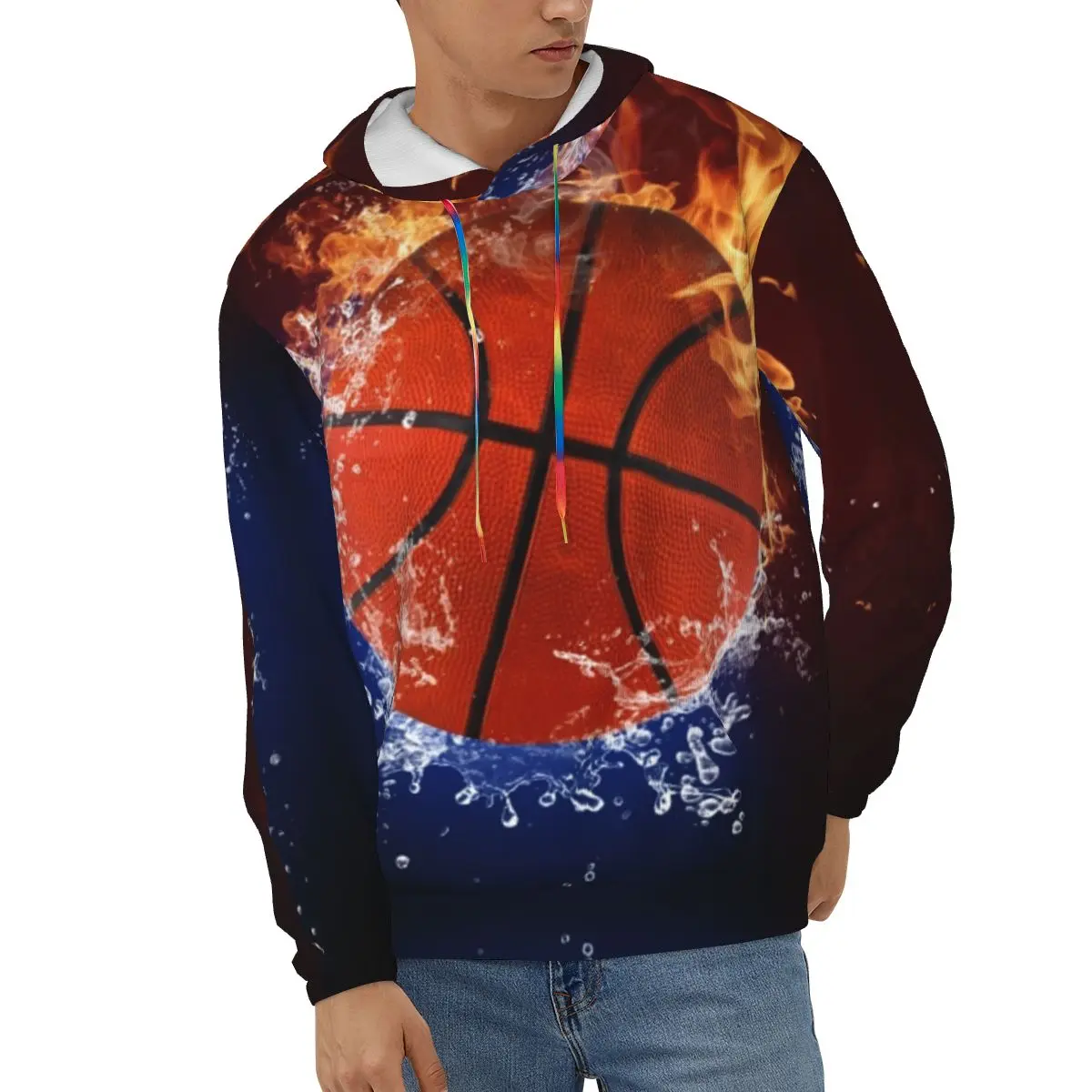 

Basketball Ball In Fire Flames Mens Sweatshirt Long Sleeve Autumn Spring Casual Hoodies Top Boy Blouse