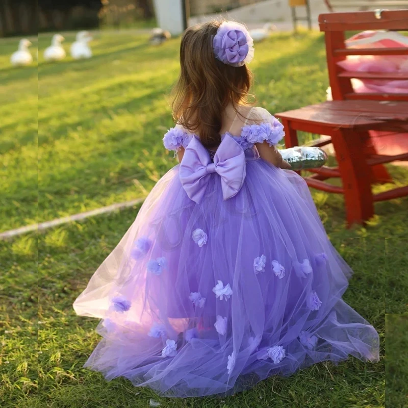 Purple Couture Flower Girl Dress Bow 3D Flowers Illusion Birthday Wedding Party Dresses Costumes First Comunion Drop Shipping