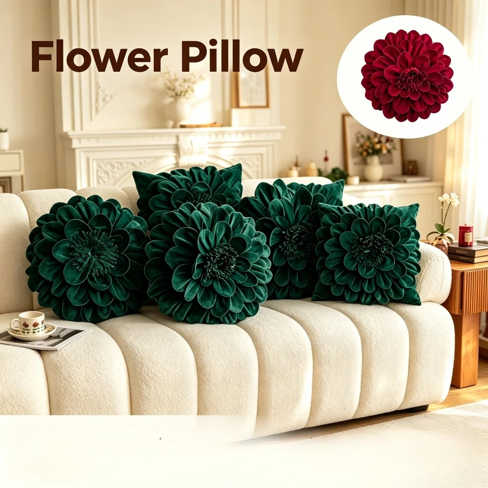Ultra Soft Elegant Luxury Flower Velvet Cushion Cover Handmade Splicing Petal Pillowcase for Sofa Office Waist Back Rest Support