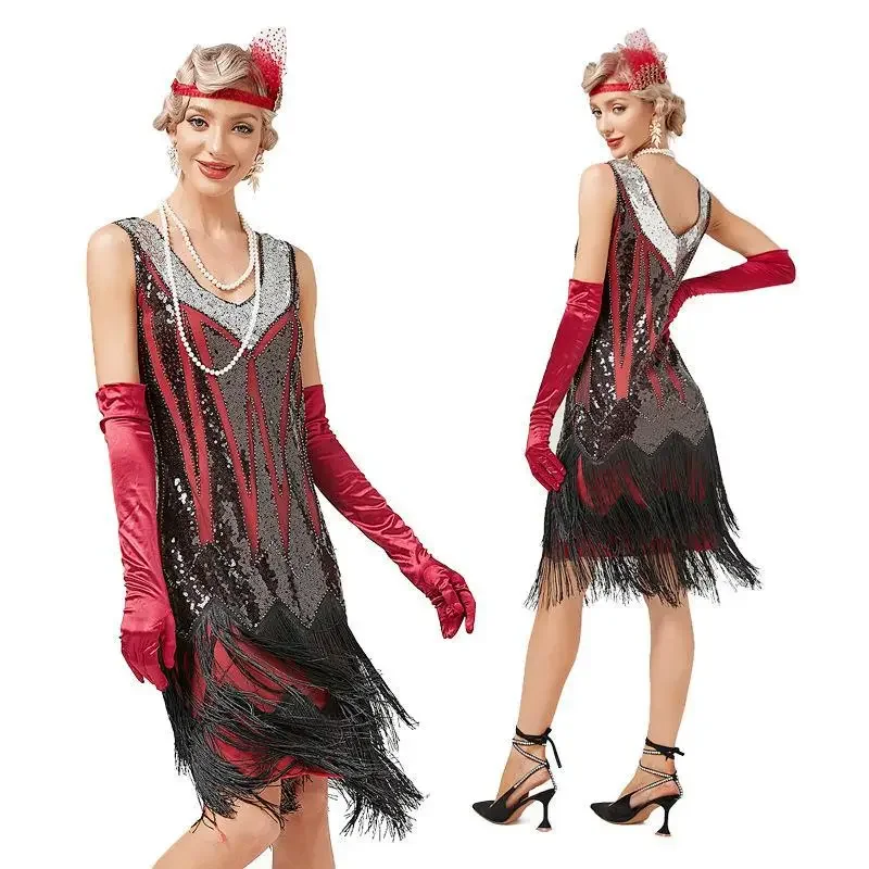 Vintage jaren 1920 Flapper V-hals dubbele kwastje jurk Great Gatsby cosplay kostuum cocktailparty Charleston dans paillettenjurk