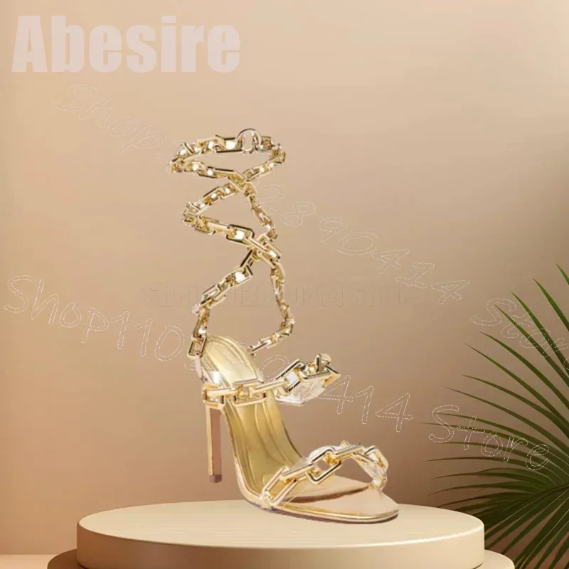 Gold Chain Hollow Design Open Toe Twine Sandals Buckle Strap Women Shoes Thin High Heels Party Banquet 2026 Zapatos Para Mujere