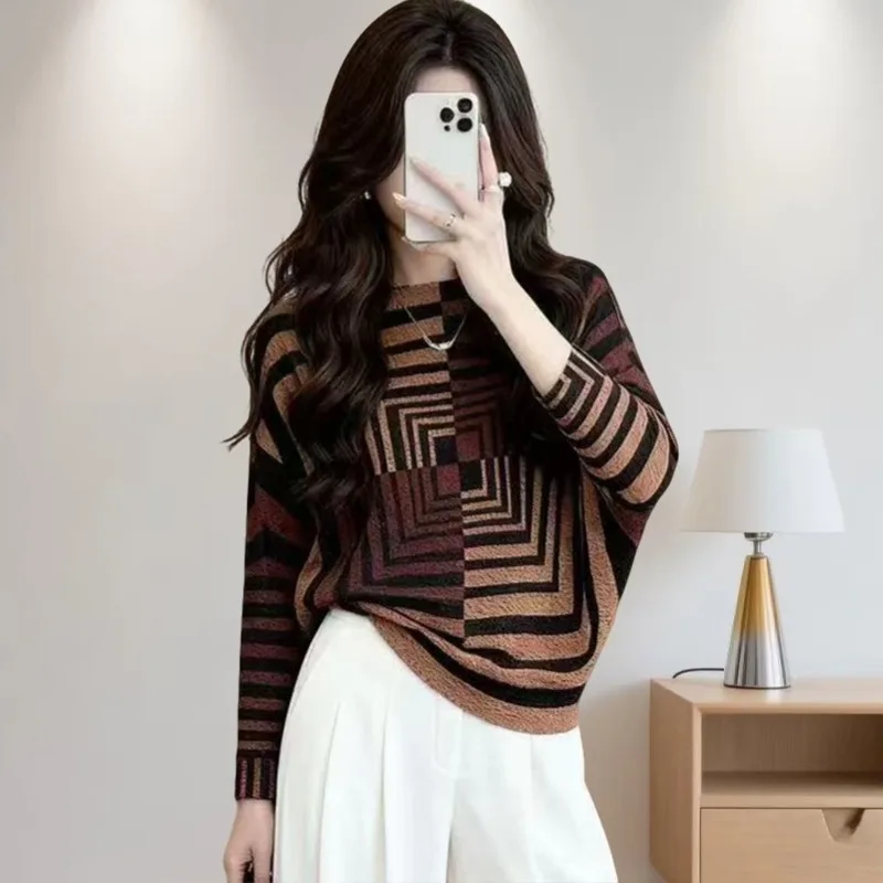 

Miyake 2025 New Printing Long-sleeved T-shirt Women's Loose Large Size Commuting Thin Elegant Winter Bottoming Stretchy Tops