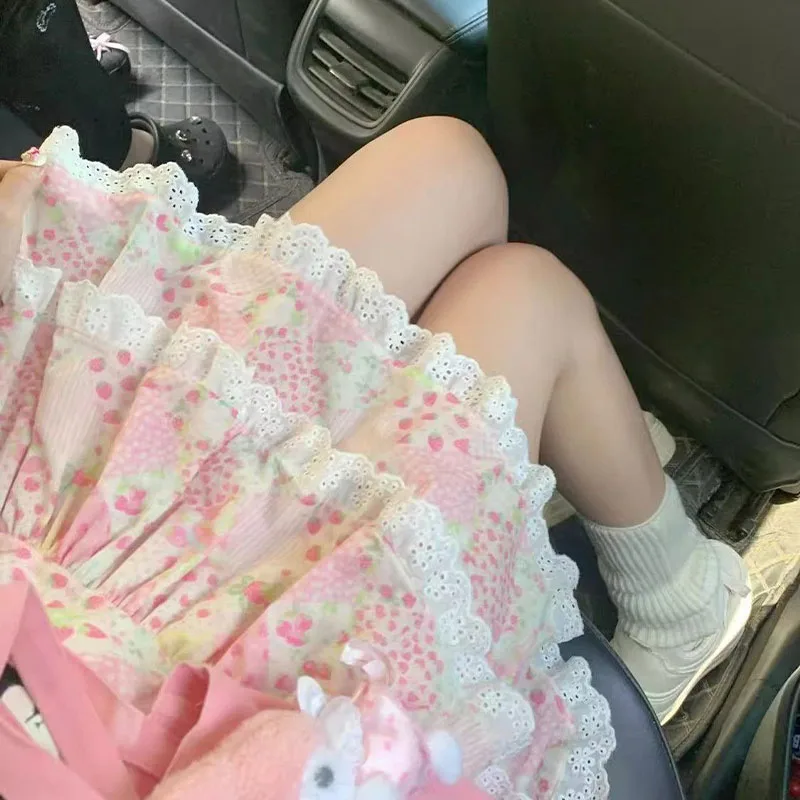 Japanese Kawaii Skirts Sweet Cute High Waist Lace Cake Skirt Women Vintage Y2K Clothing A-Line Slim Lolita Mini Skirts Summer