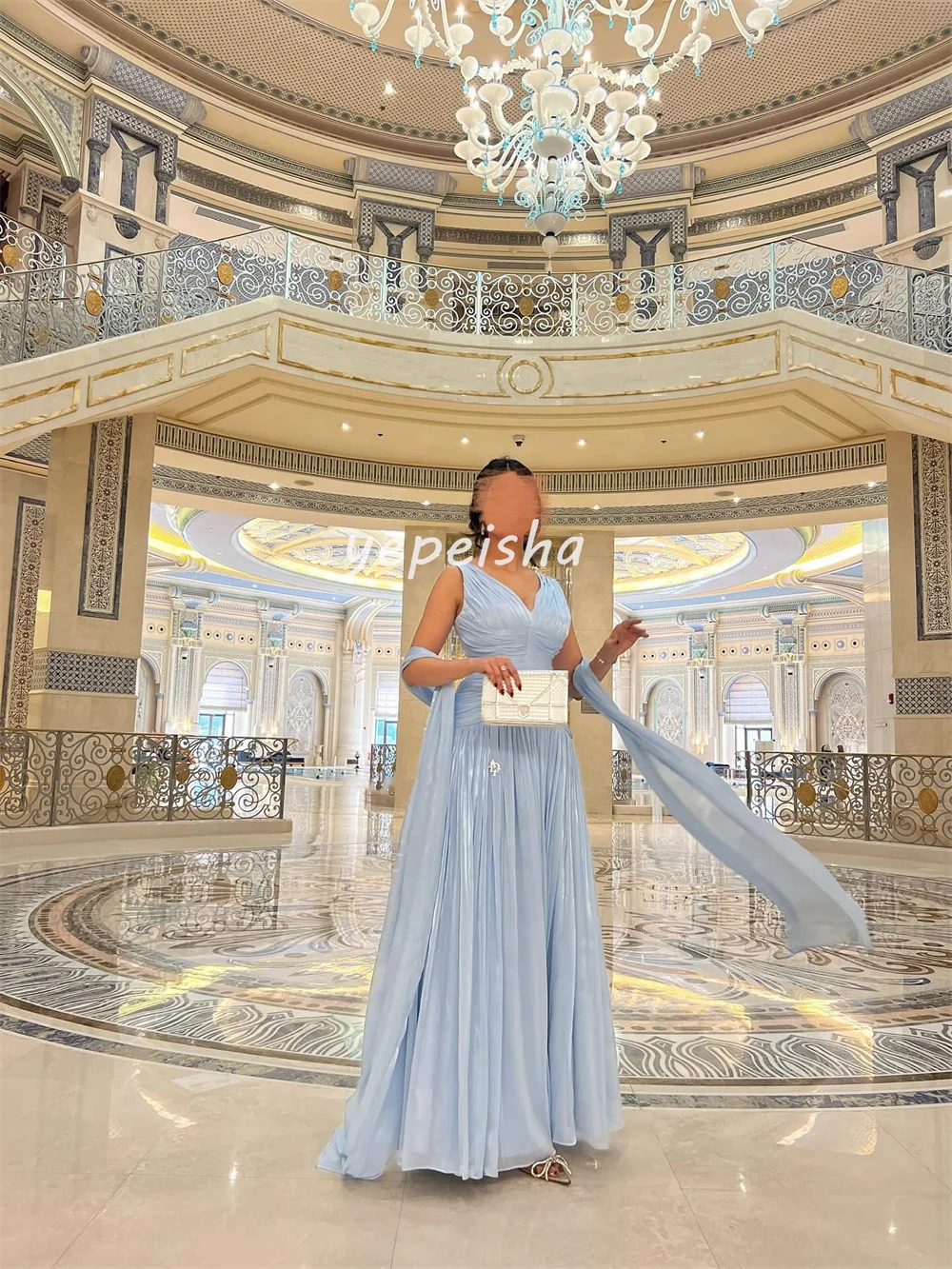 Customized Chinese Style Matching Chiffon Pleat Ruched Draped A-line V-neck Long Dresses Evening Dresses Exquisite High Quality