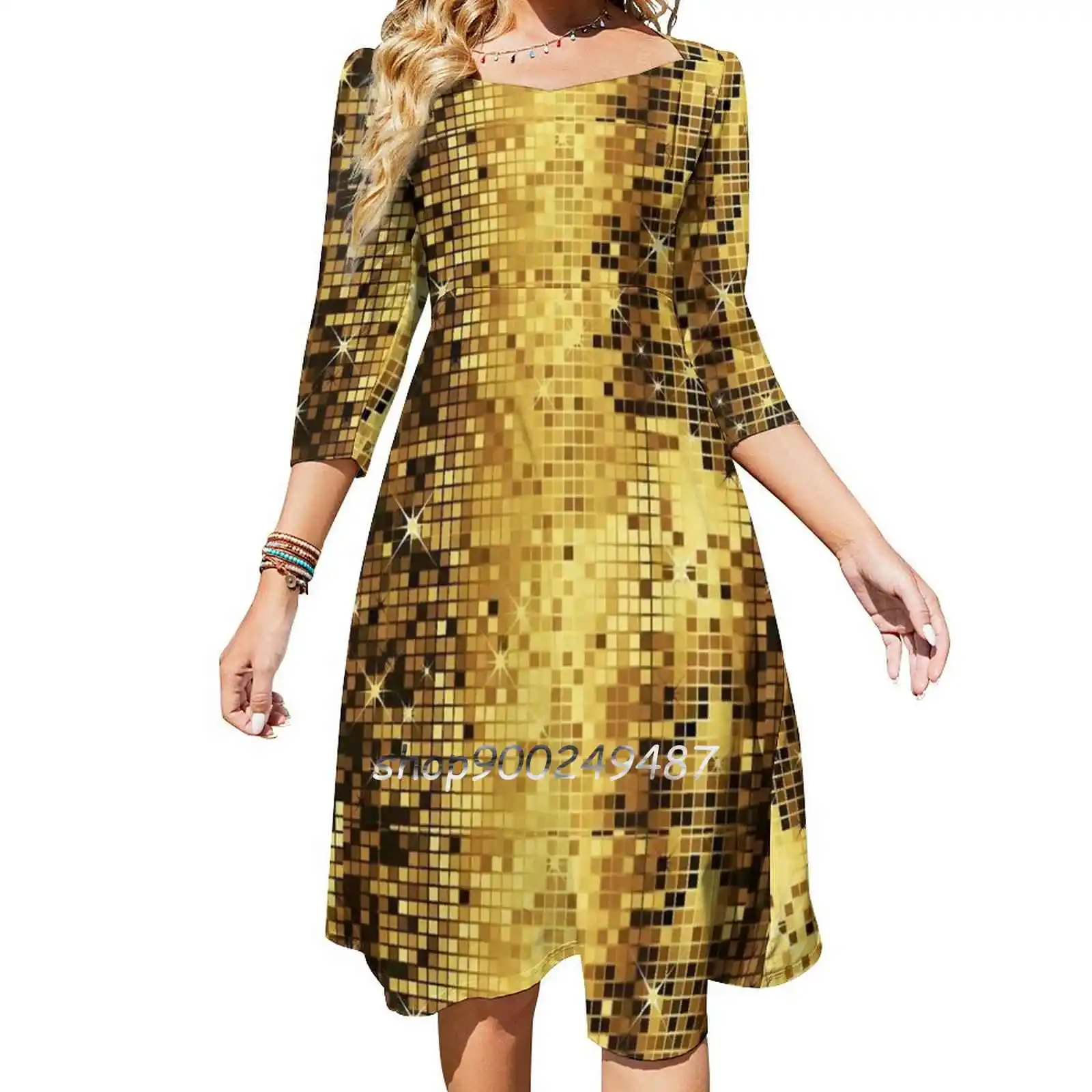 Image Of Gold Yellow Tones Retro Glitter Disco-Ball Mirrors Square Neck Dress Cute Loose Print Dresses Elegant Beach Party