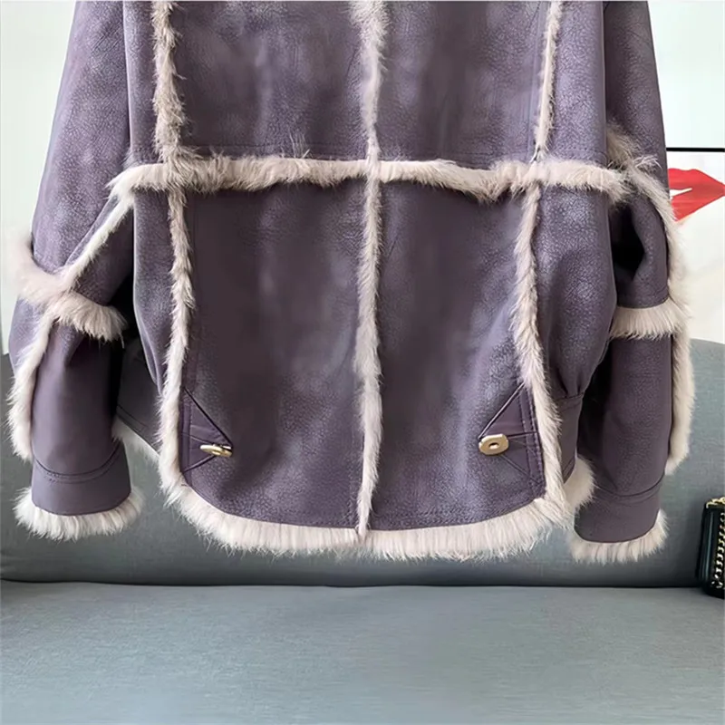 Giacca di pelle per le donne, colletto di lana, cappotto di pelliccia di coniglio, cappotto corto sciolto, abbigliamento femminile caldo, inverno, alta qualità, nuovo